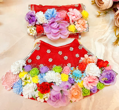 Mata Rani Red with Multi-Flowers Lehenga, choli & Duppatta- 3 piece set