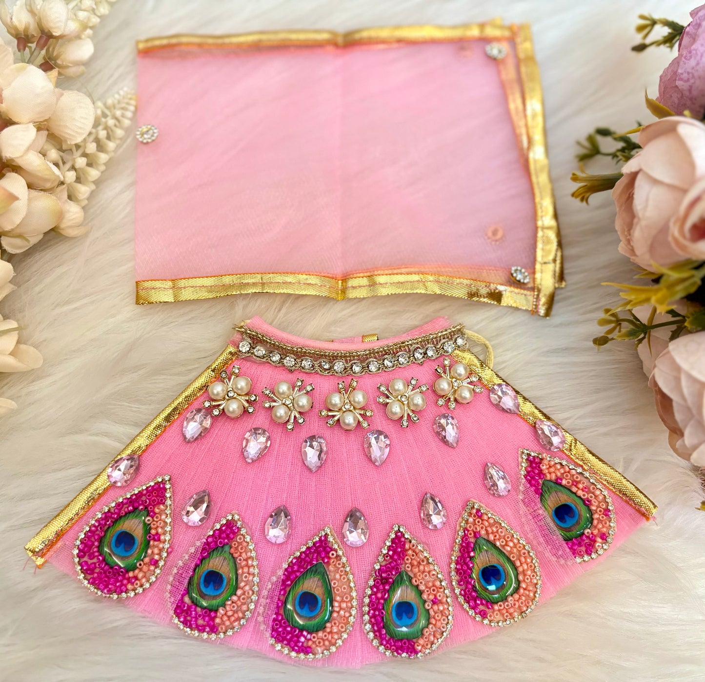 Laxmi ji & Ganesh ji Set Pink Lehenga & Dhoti - 6 piece set