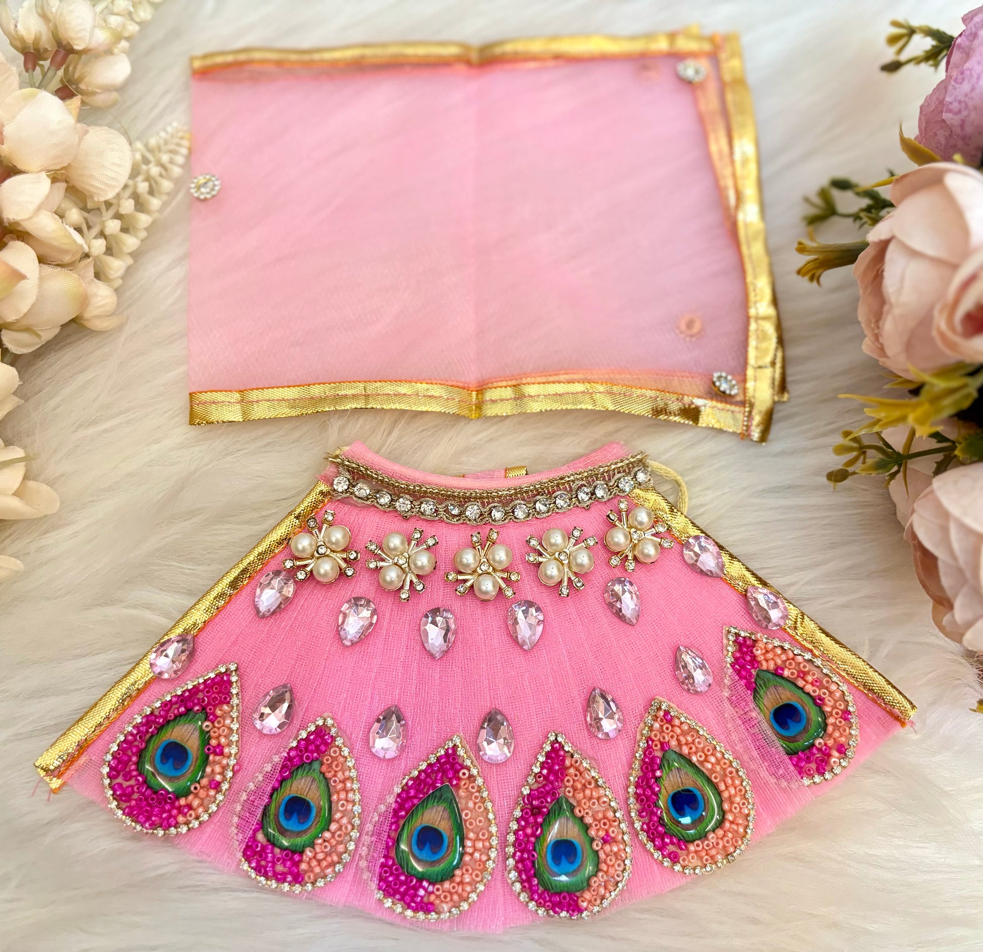 Laxmi ji & Ganesh ji Set Pink Lehenga & Dhoti - 6 piece set