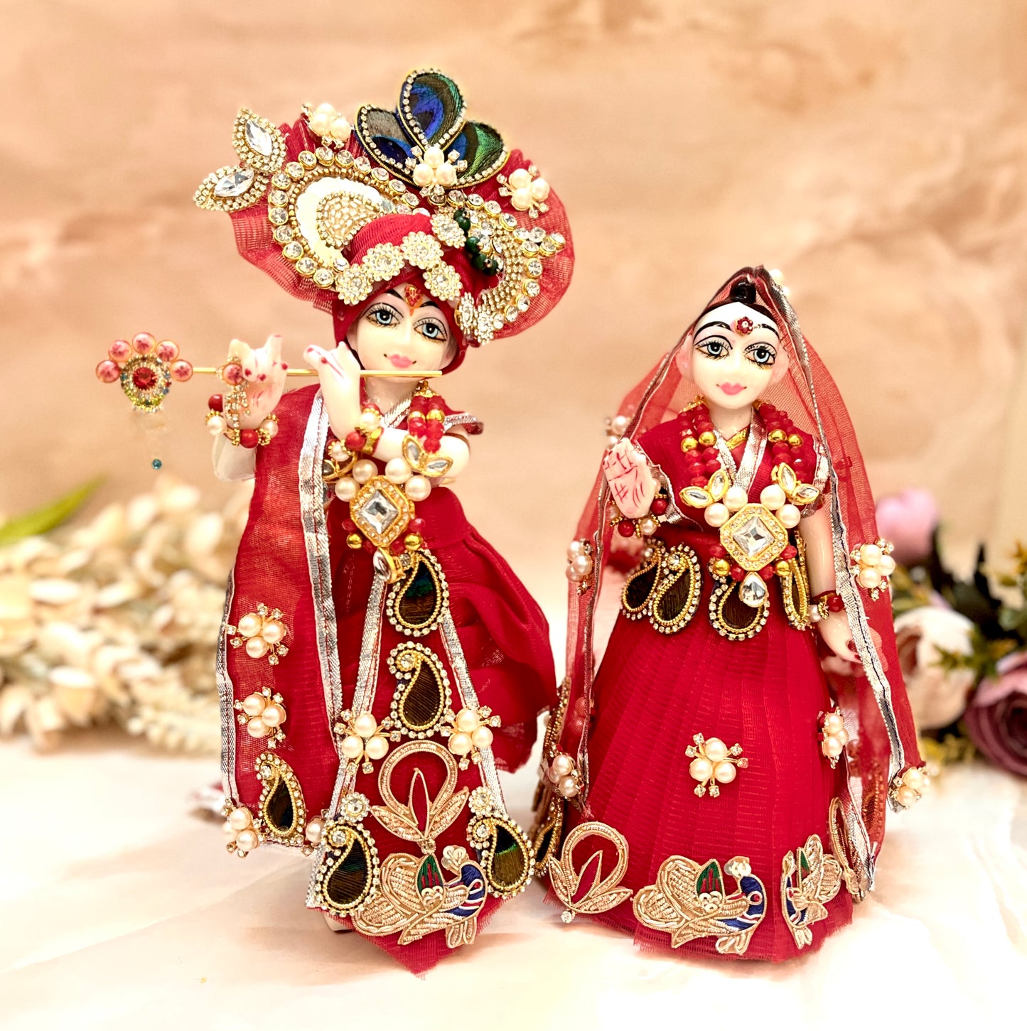 RK / Yugal Sarkar/ Laxmi ji & Ganesh ji Set Red Peacock Lehenga & Dhoti - 7 piece set