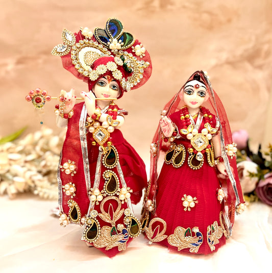 RK / Yugal Sarkar/ Laxmi ji & Ganesh ji Set Red Peacock Lehenga & Dhoti - 7 piece set