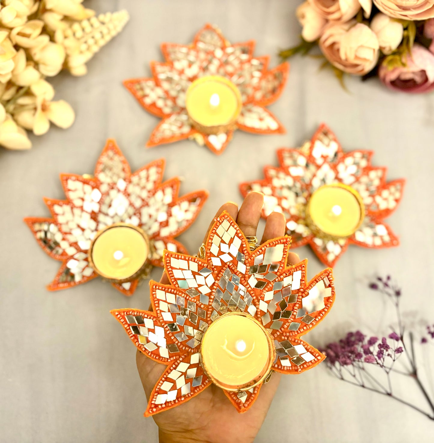 Sparkling Orange Lotus Mirror Tealight Holders (Pack of 4)