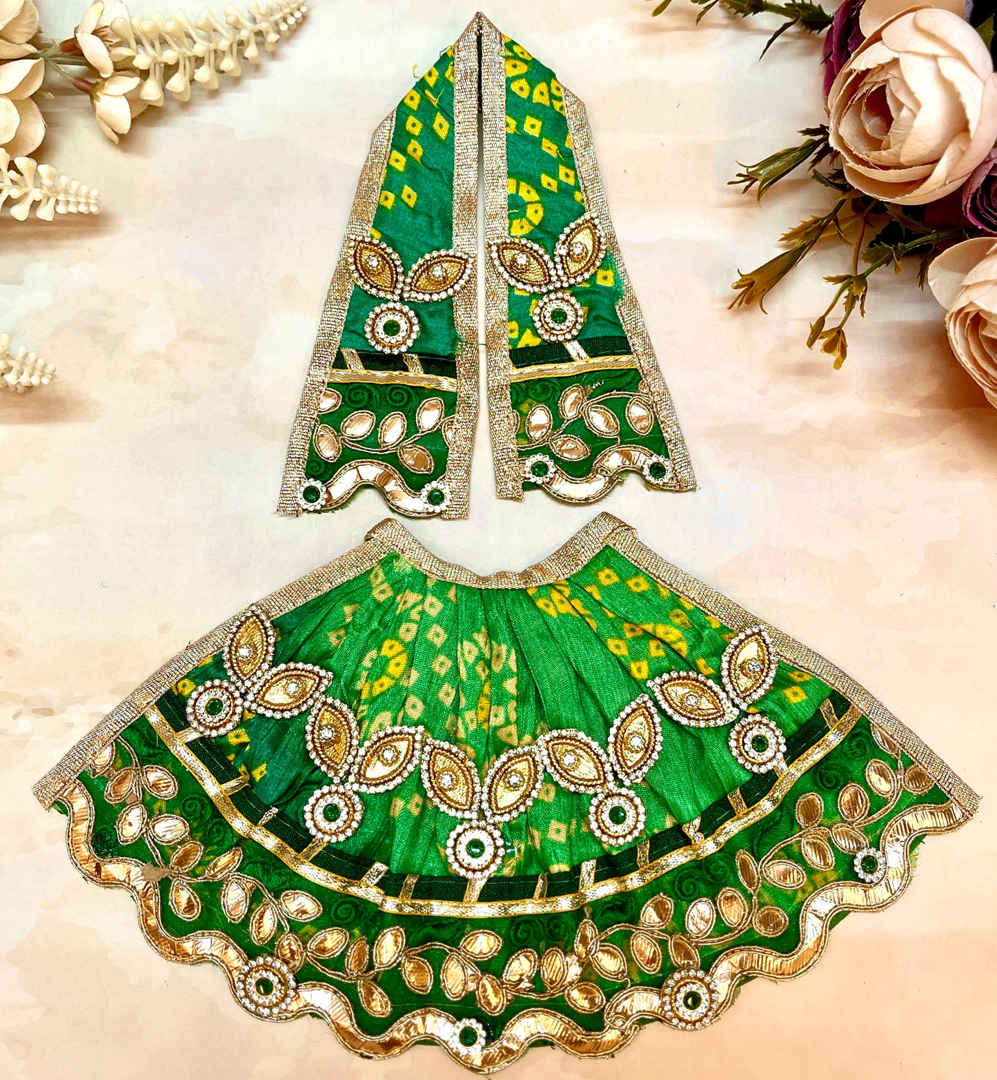 Mata Rani Lehenga & Patka ( 2 piece set) - Green Bandhej