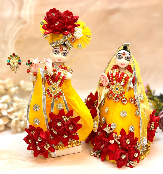 RK / Yugal Sarkar/ Laxmi ji & Ganesh ji Set Yellow & Maroon Flower Lehenga & Dhoti - 7 piece set