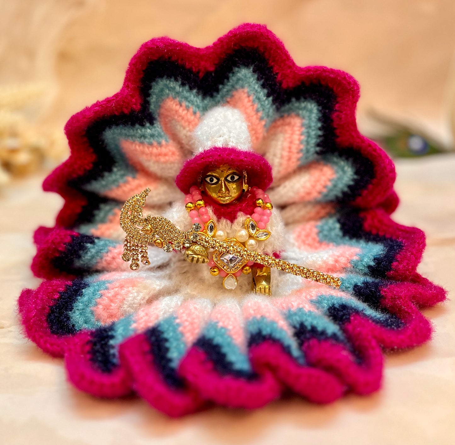 Magenta White Woollen Laddu Gopal Dress with Woollen Cap
