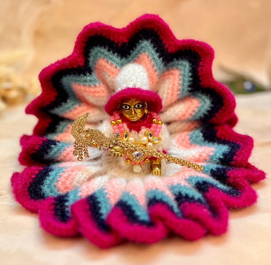 Magenta White Woollen Laddu Gopal Dress with Woollen Cap