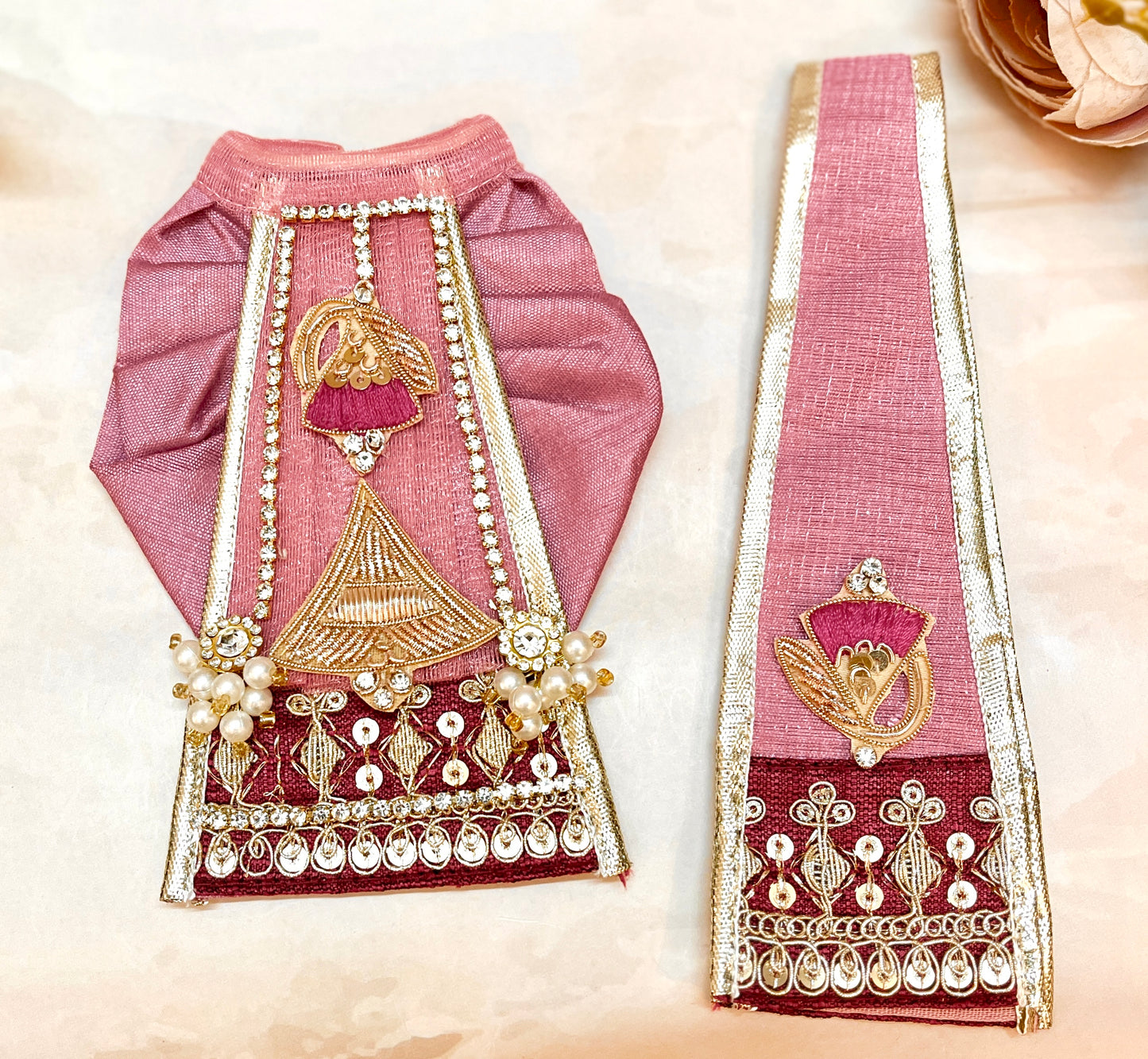 RK / Yugal Sarkar/ Laxmi ji & Ganesh ji Set Peach-Pink Divine Bells Lehenga & Dhoti - 6 piece set