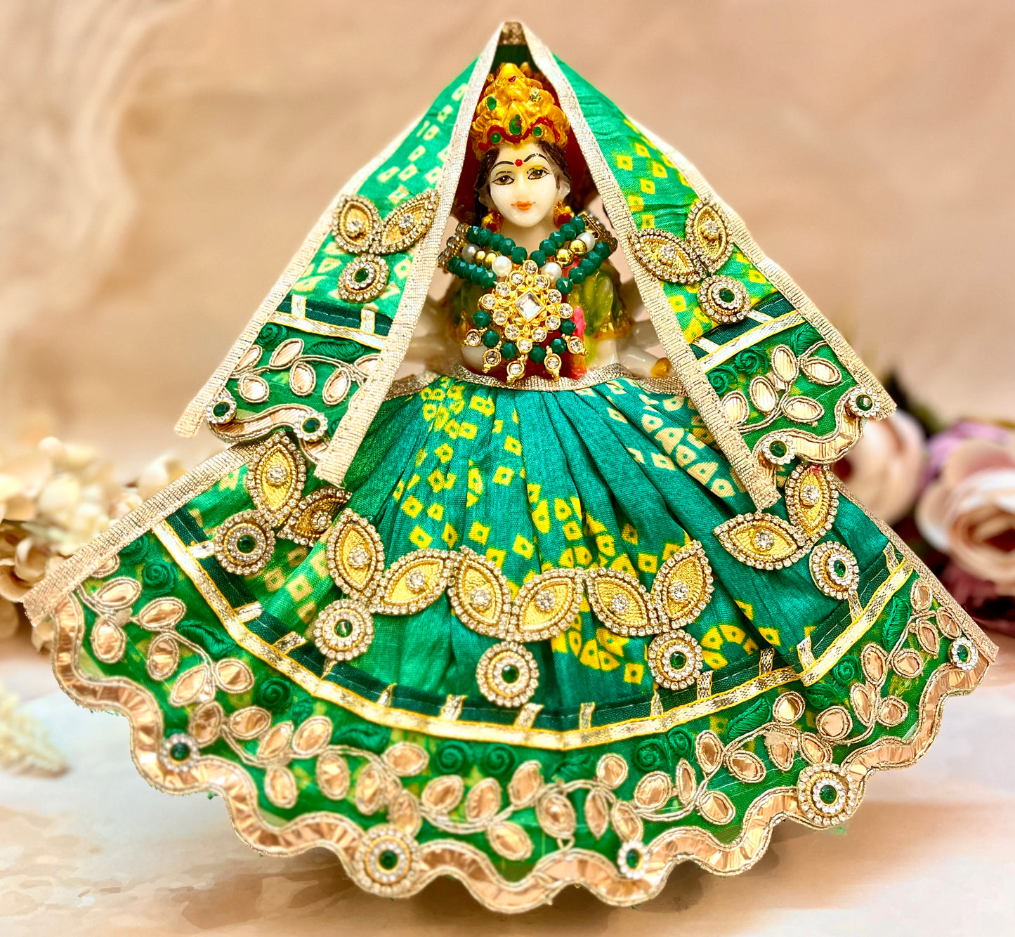 Mata Rani Lehenga & Patka ( 2 piece set) - Green Bandhej