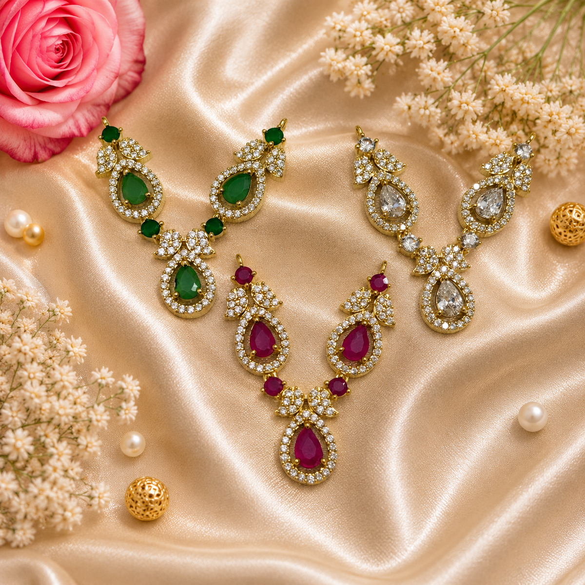 Ruby Harit Shwet Necklace Set (Pack of 3)