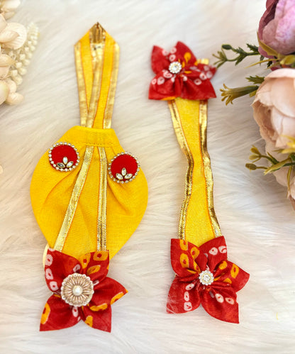 Laxmi ji & Ganesh ji Set Yellow Parrot Lehenga & Dhoti - 6 piece set