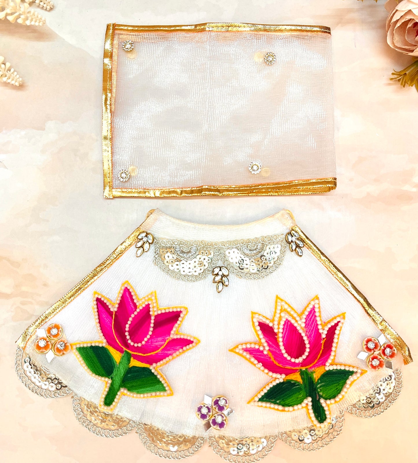 Mata Rani White with Pink Lotus Lehenga, choli & Duppatta- 3 piece set