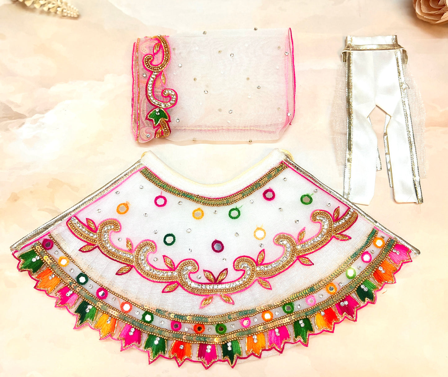 Holi Special Luxe - RK / Yugal Sarkar/ Laxmi ji & Ganesh ji Set White Lehenga & Dhoti - 6 piece set