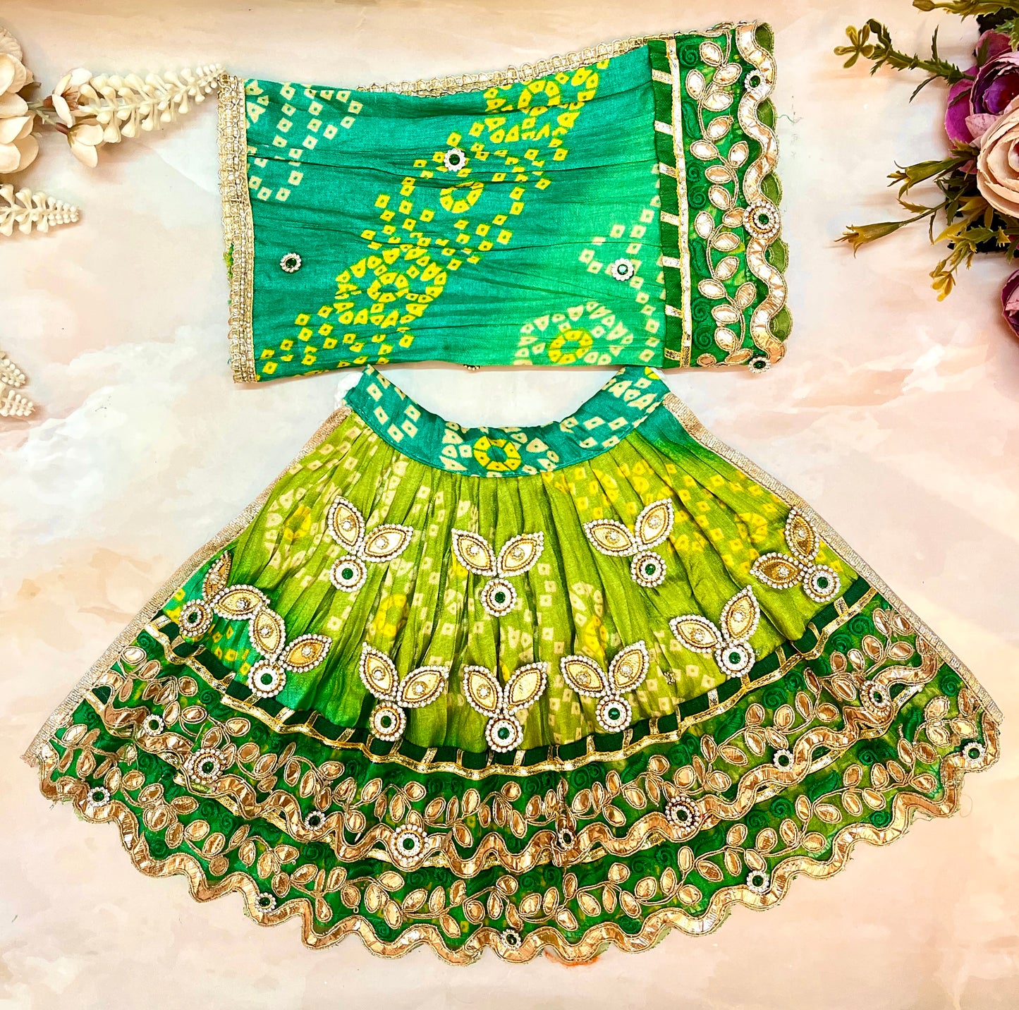 Durga Mata Rani Lehenga, Choli & Duppatta ( 3 piece set) - Green Bandhej