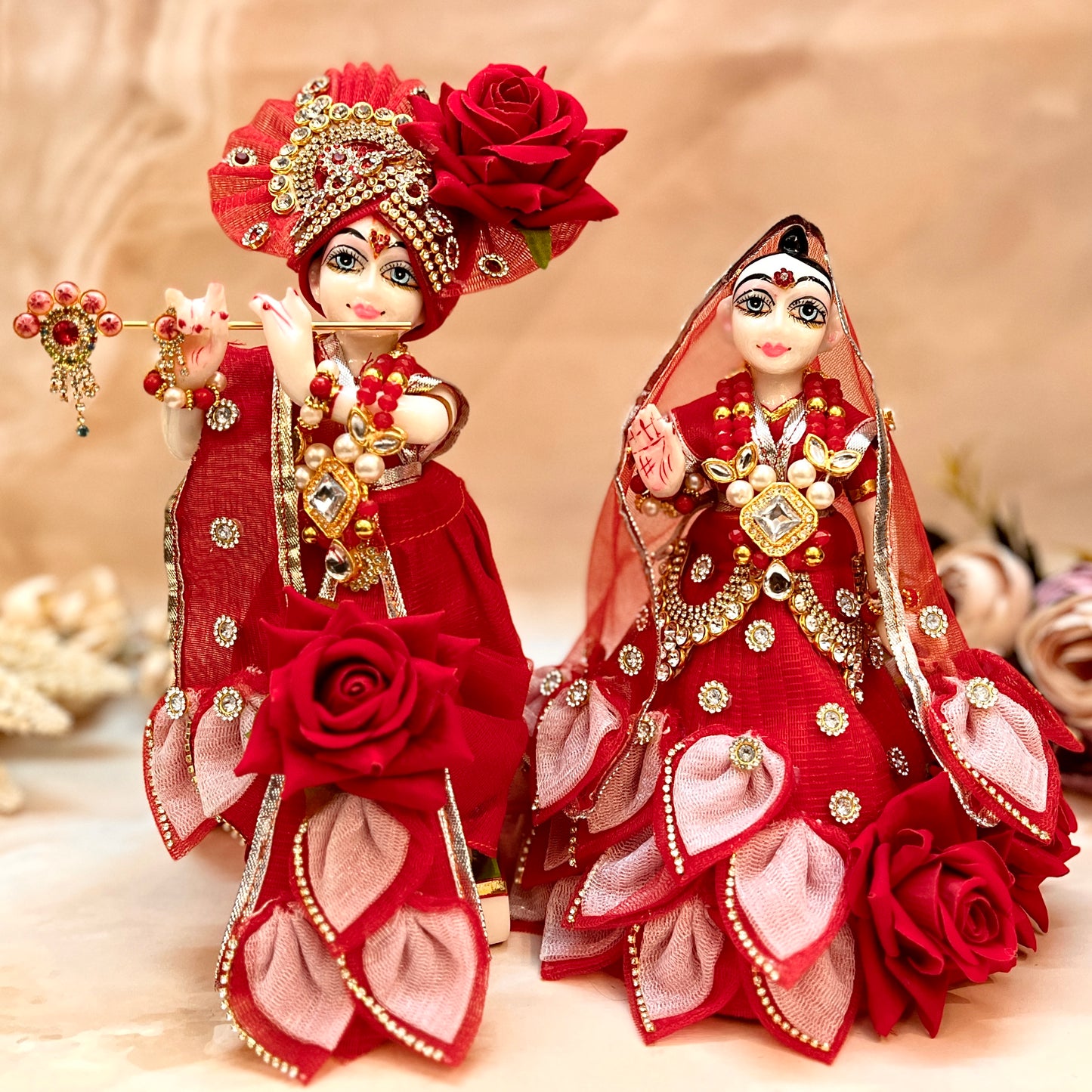 RK / Yugal Sarkar/ Laxmi ji & Ganesh ji Set Red Rose Lehenga & Dhoti - 7 piece set