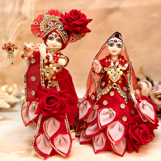 RK / Yugal Sarkar/ Laxmi ji & Ganesh ji Set Red Rose Lehenga & Dhoti - 7 piece set