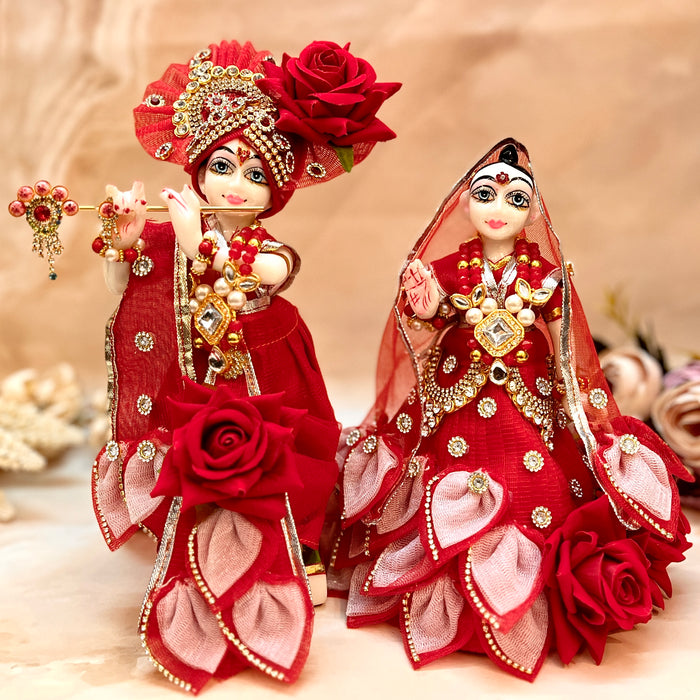 RK / Yugal Sarkar/ Laxmi ji & Ganesh ji Set Red Rose Lehenga & Dhoti - 7 piece set