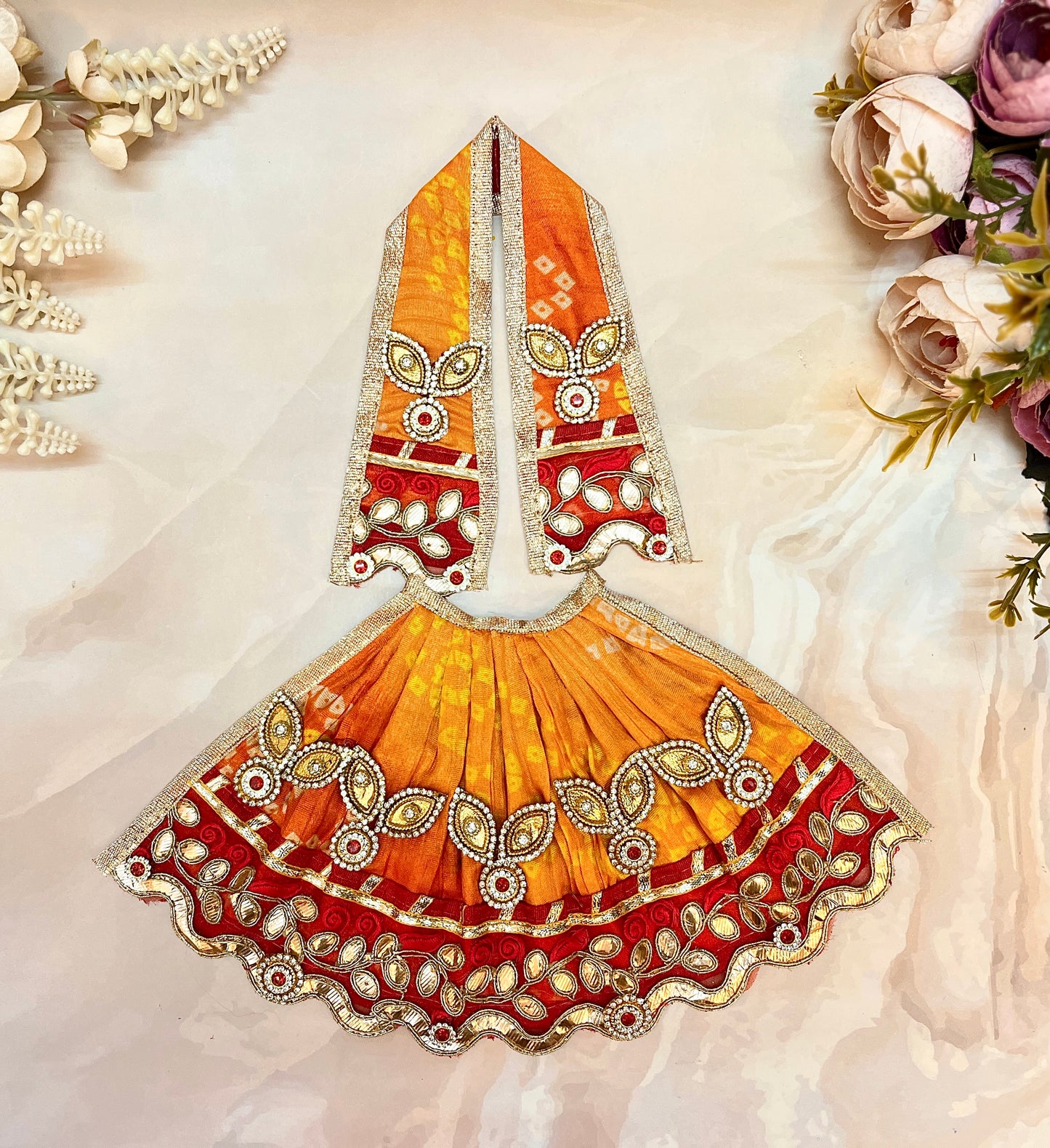 Mata Rani Lehenga & Patka ( 2 piece set) - Pastel Orange & Red Bandhej