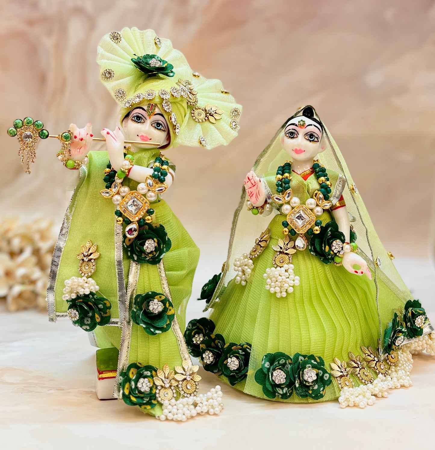 RK / Yugal Sarkar/ Laxmi ji & Ganesh ji Set Green Pearl Lehenga & Dhoti - 7 piece set
