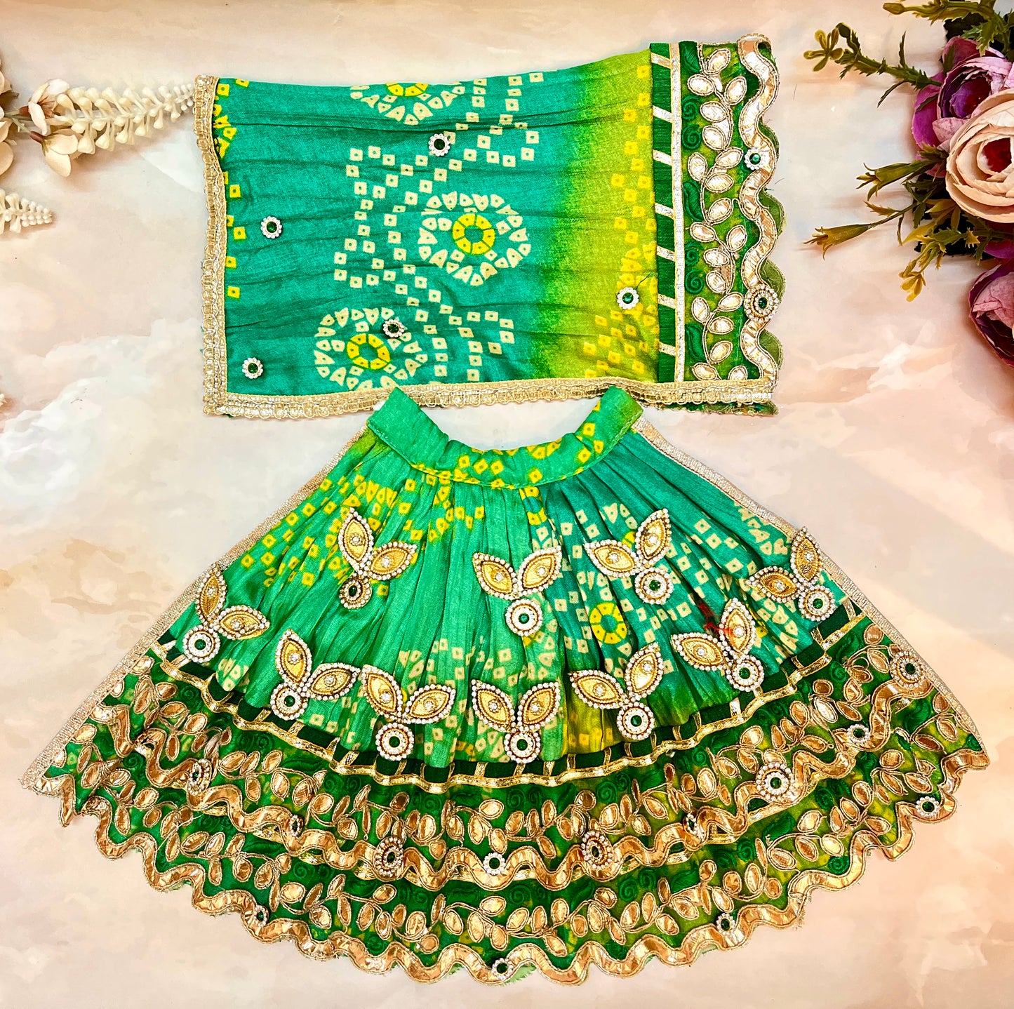 Durga Mata Rani Lehenga, Choli & Duppatta ( 3 piece set) - Green Bandhej