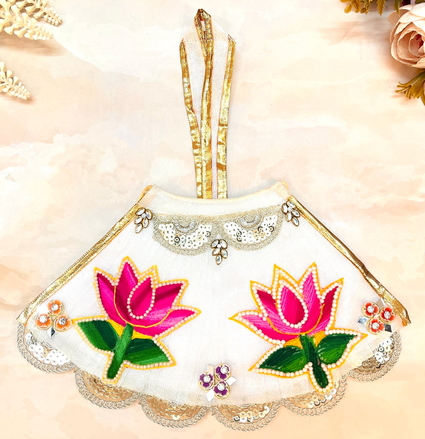 Mata Rani White with Pink Lotus Lehenga, choli & Duppatta- 3 piece set