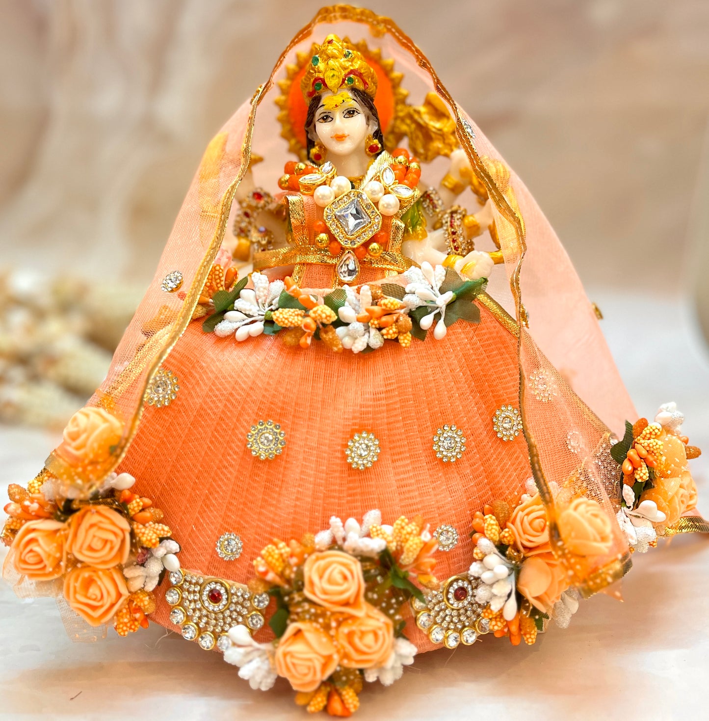 Mata Rani Orange Flower Lehenga, choli & Duppatta- 3 piece set