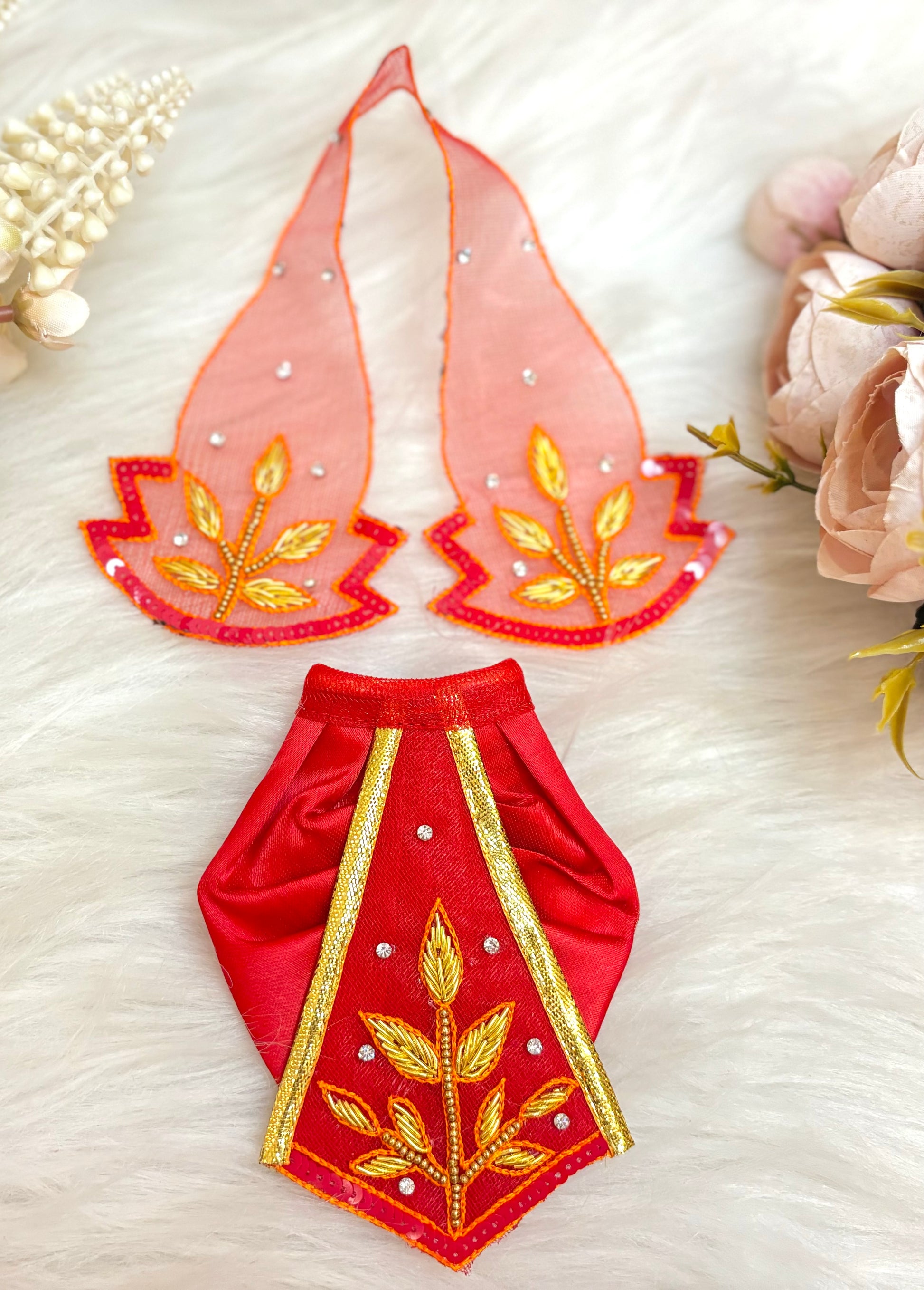 Luxe - RK / Yugal Sarkar/ Laxmi ji & Ganesh ji Set Golden Red Leaf Lehenga & Dhoti - 6 piece set