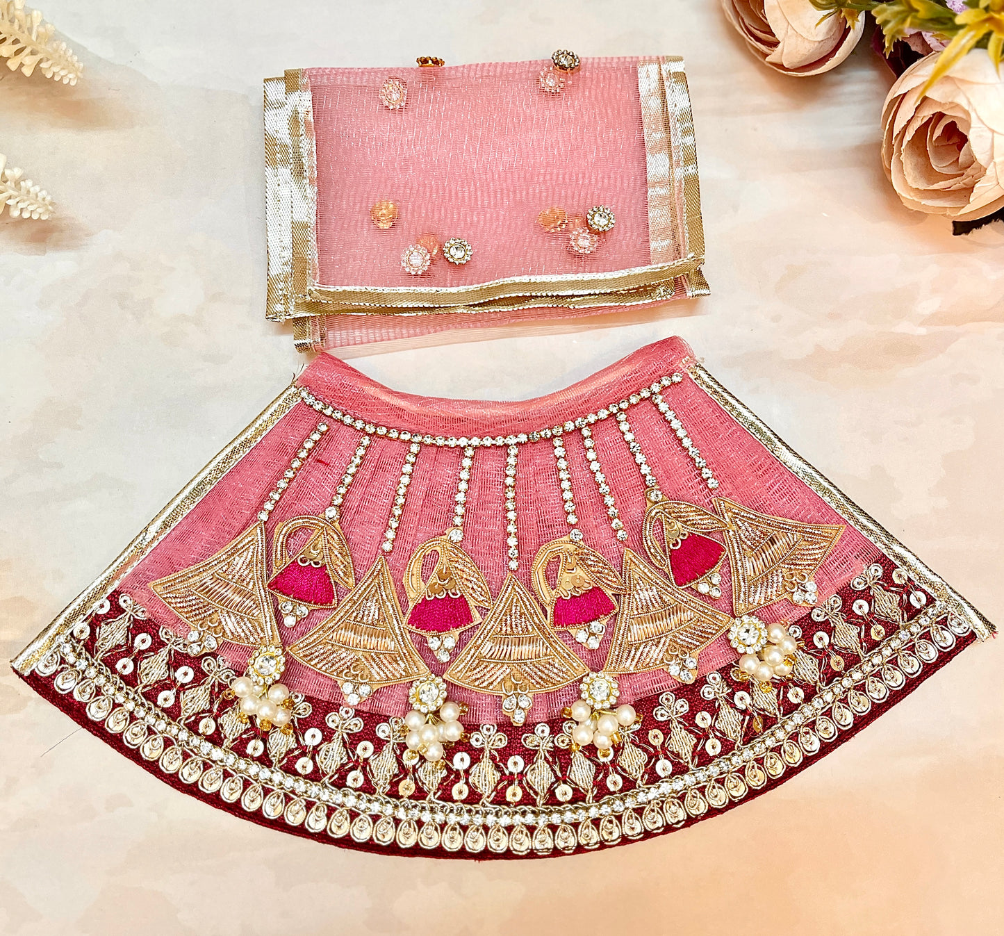 RK / Yugal Sarkar/ Laxmi ji & Ganesh ji Set Peach-Pink Divine Bells Lehenga & Dhoti - 6 piece set