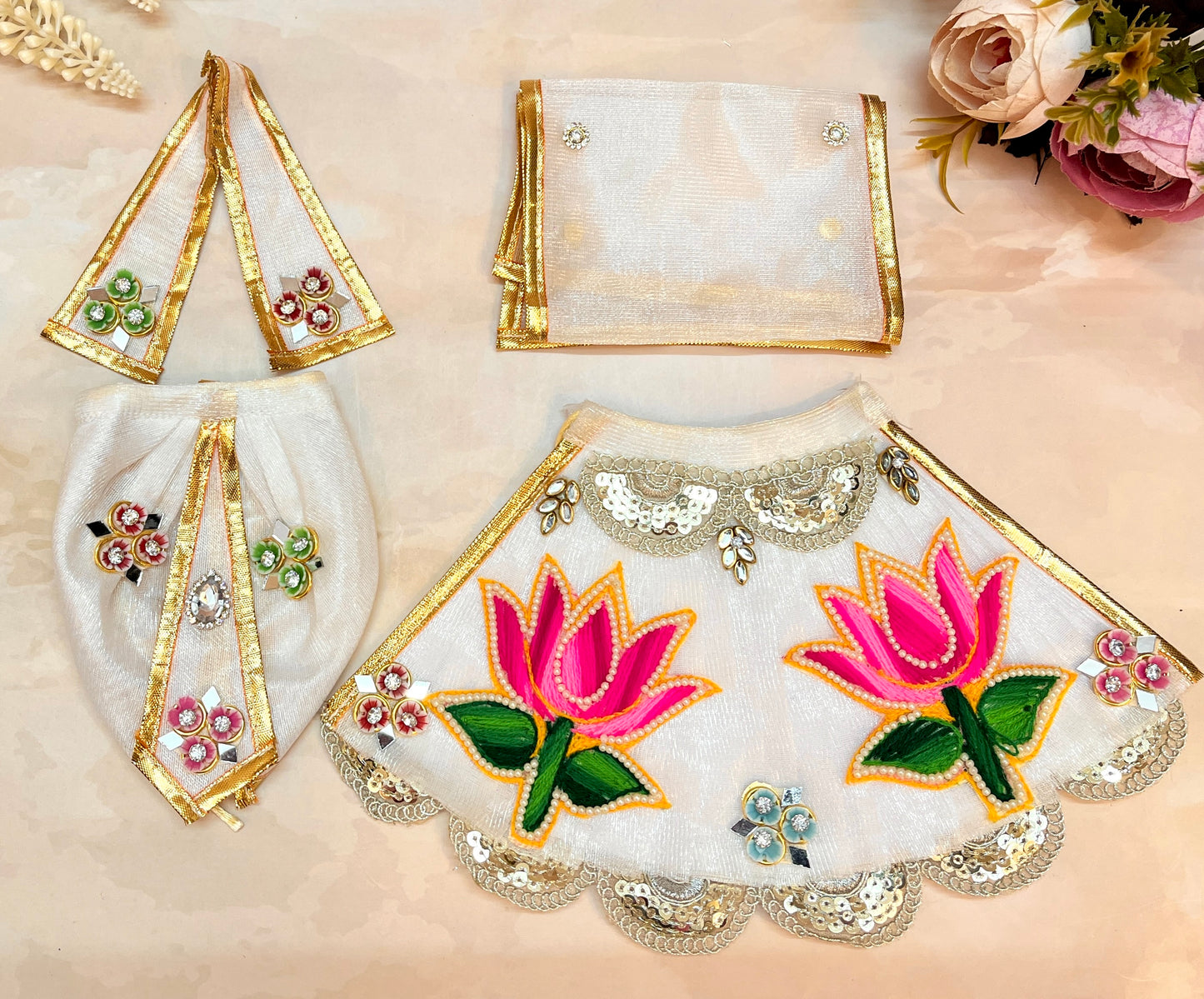 RK / Yugal Sarkar/ Laxmi ji & Ganesh ji Set White Pink Lotus Lehenga & Dhoti - 6 piece set