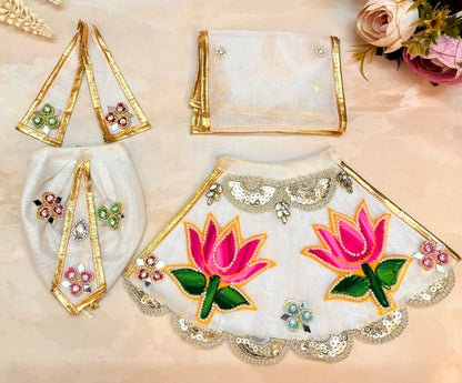 RK / Yugal Sarkar/ Laxmi ji & Ganesh ji Set White Pink Lotus Lehenga & Dhoti - 6 piece set