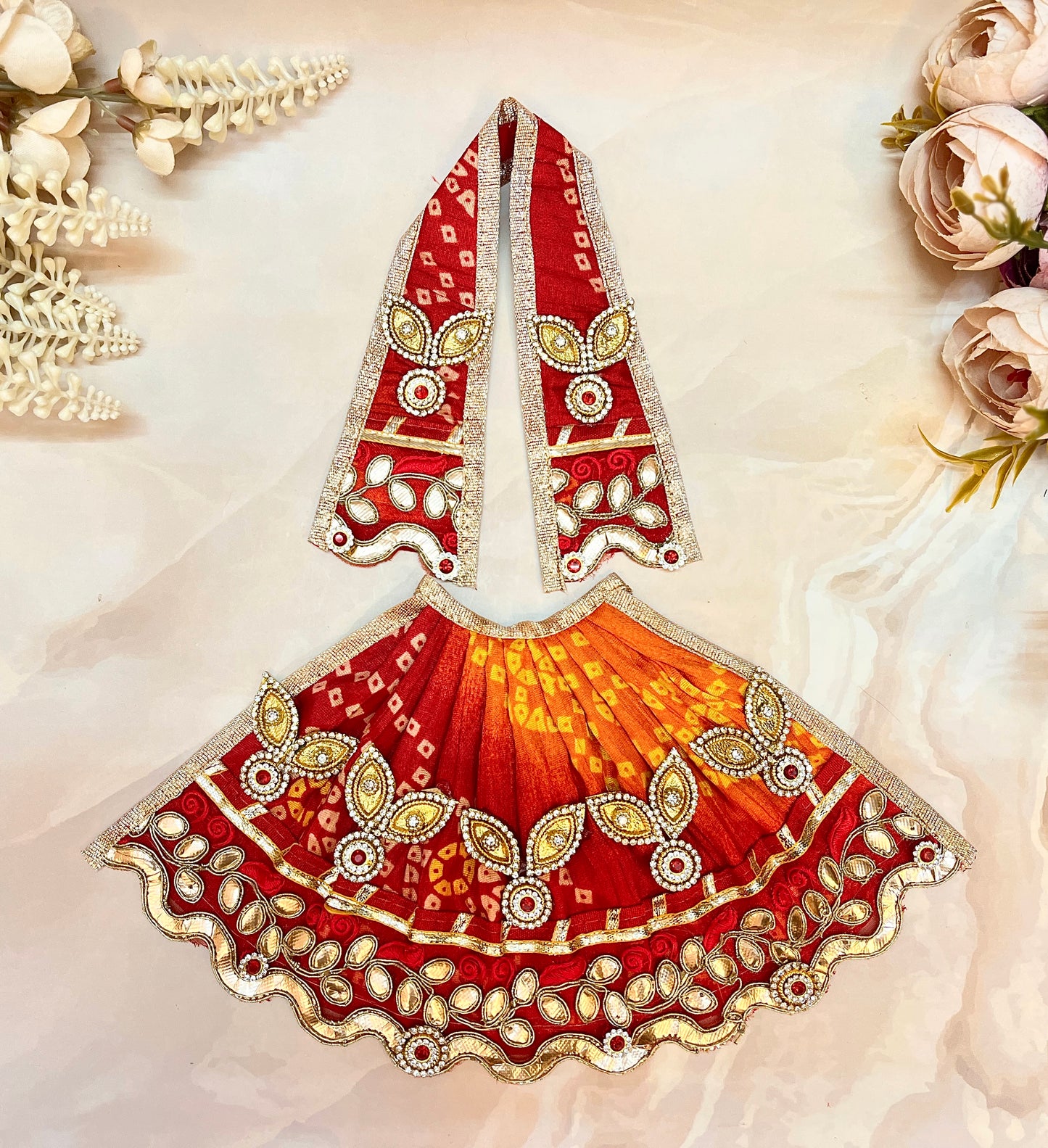 Mata Rani Lehenga & Patka ( 2 piece set) - Multi-Color Red Bandhej