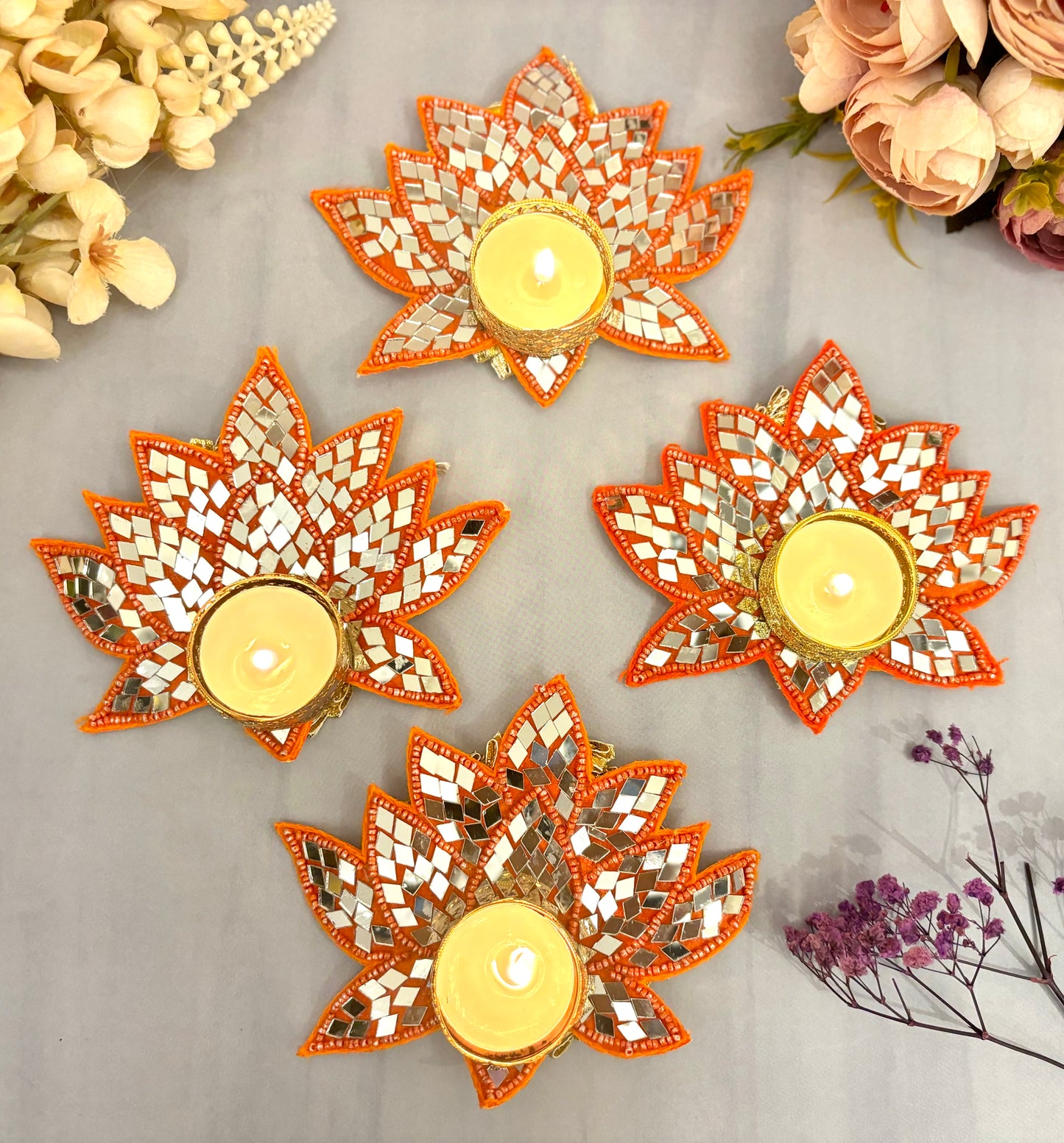 Sparkling Orange Lotus Mirror Tealight Holders (Pack of 4)