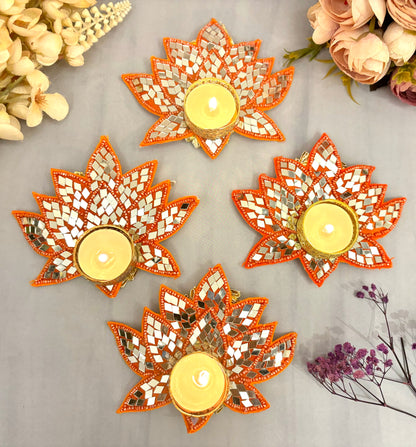 Sparkling Orange Lotus Mirror Tealight Holders (Pack of 4)