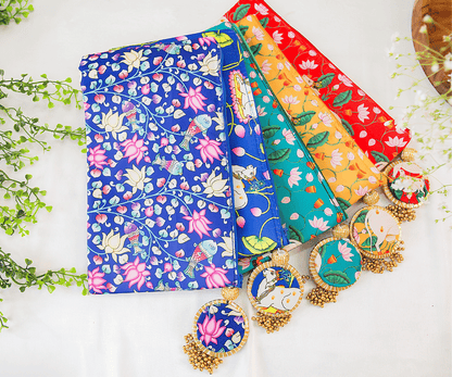 Blue Kalamkari Silk Zip Bags Pack of 5