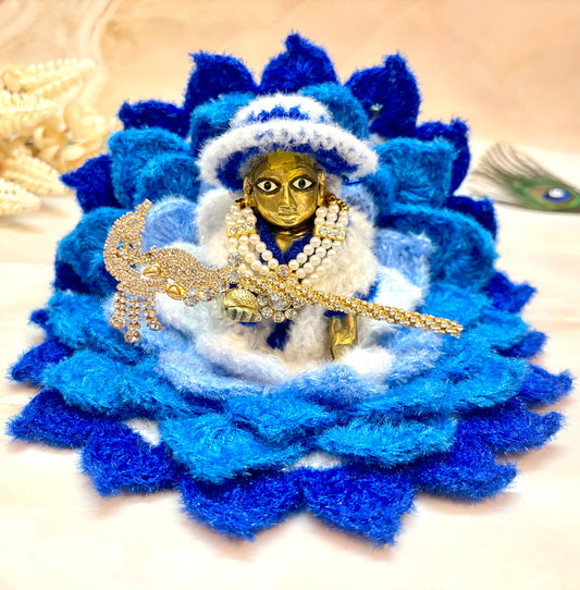 Blue with White Lotus Woollen Laddu Gopal Dress with Woollen Cap