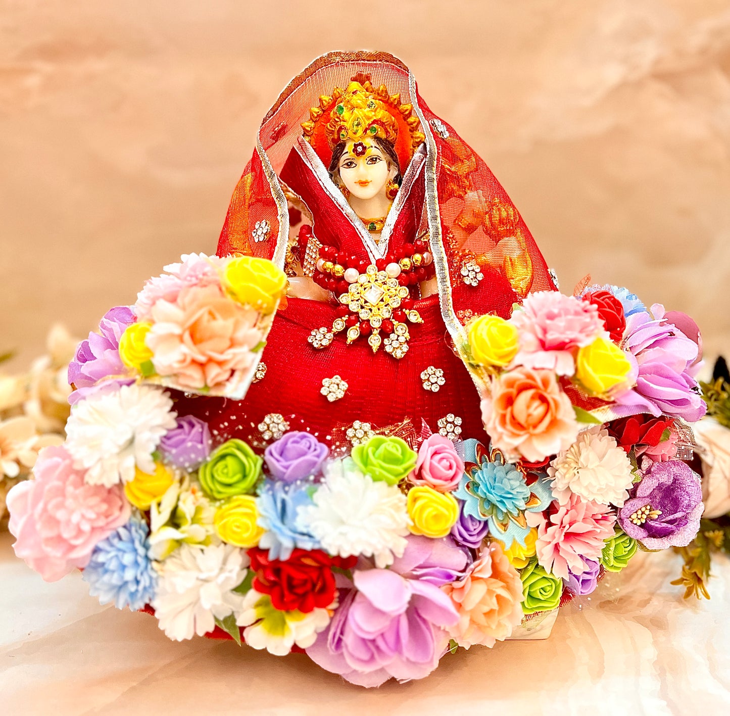 Mata Rani Red with Multi-Flowers Lehenga, choli & Duppatta- 3 piece set
