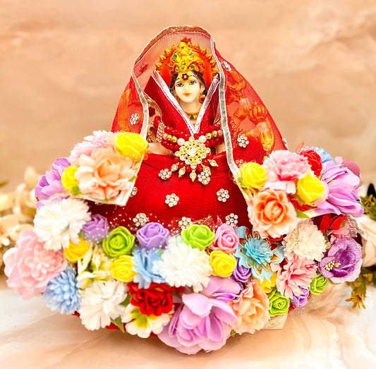 Mata Rani Red with Multi-Flowers Lehenga, choli & Duppatta- 3 piece set