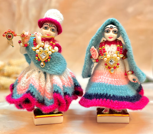 Magenta & Sky Blue Woollen Radhe Krishna Dress (7 piece set)