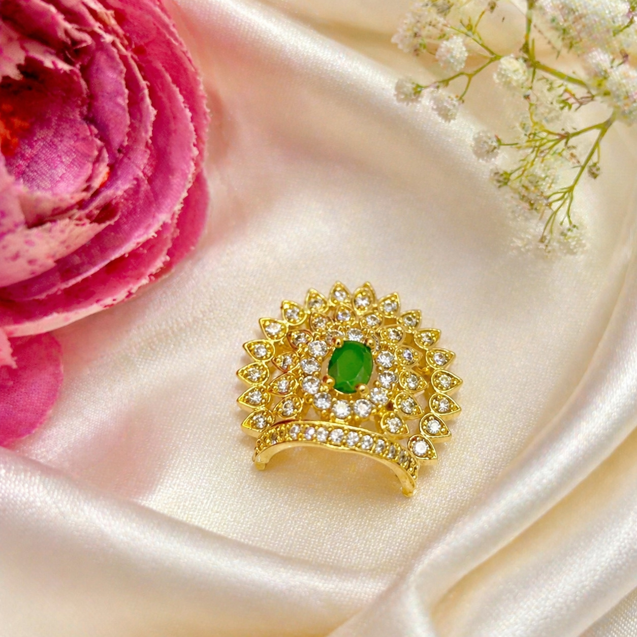 Emerald Divine Mukut for God and Goddess idols with green center stone and sparkling white stones