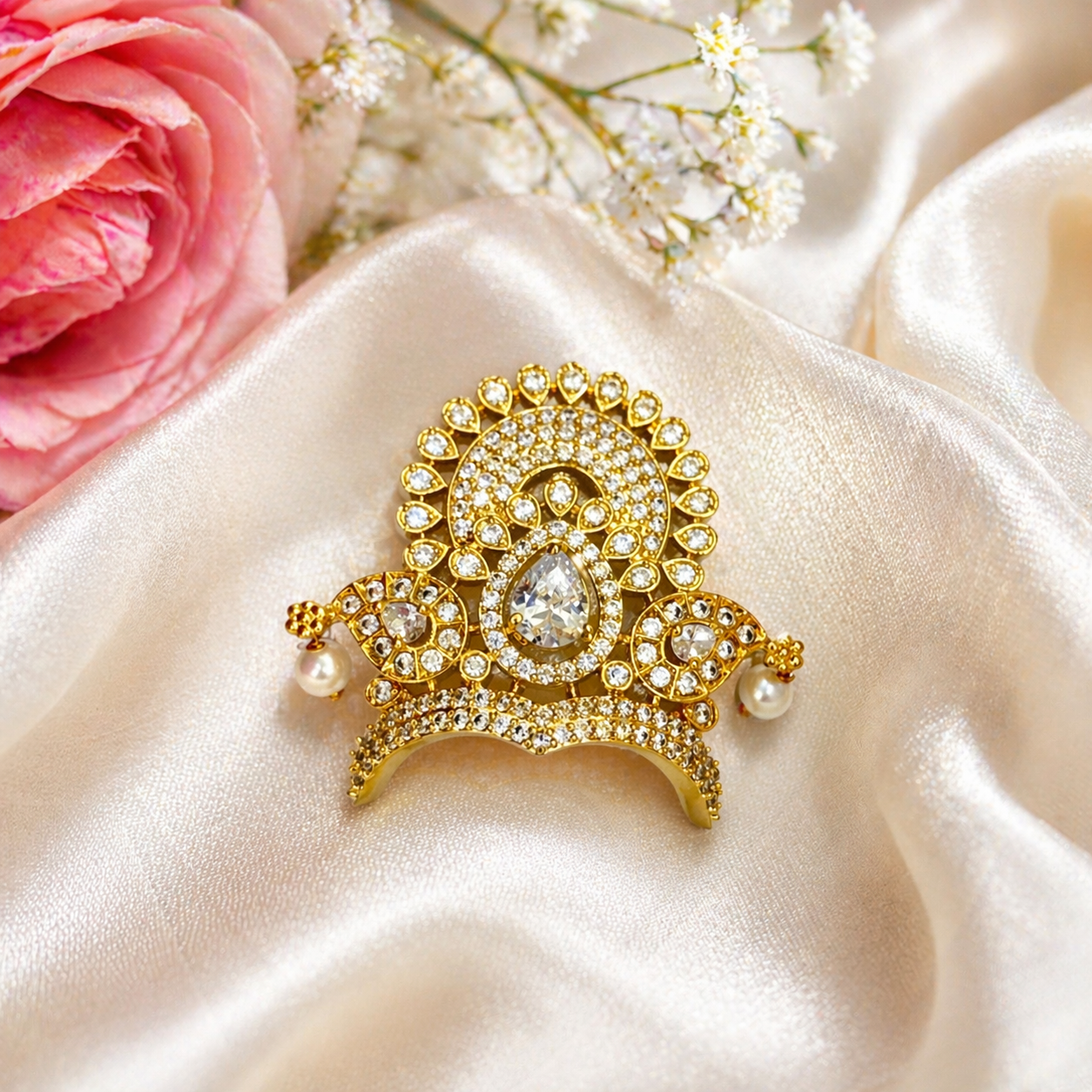 Divya Jyoti stone mukut for God and Goddess idols with pearl detailing