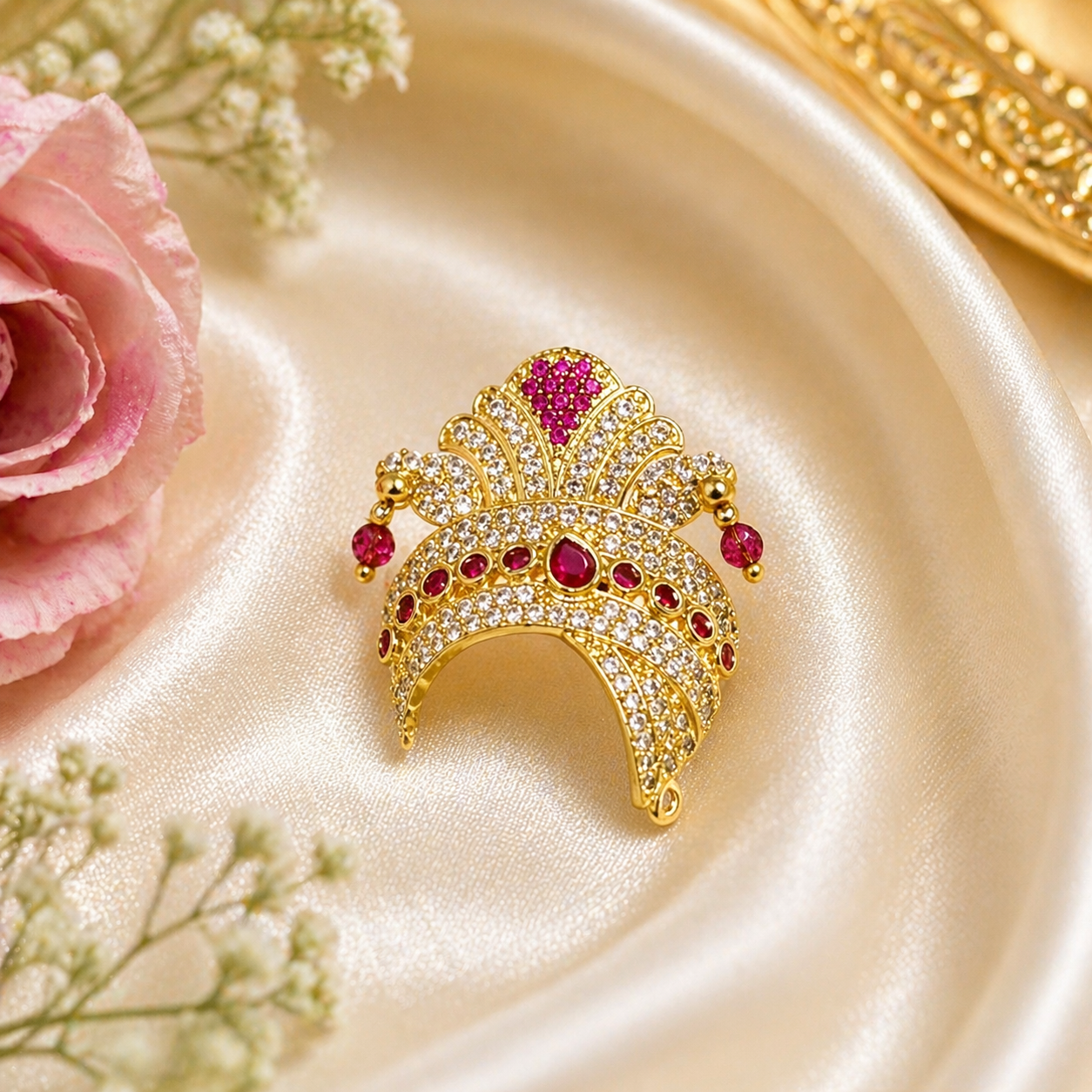 Raj Ratna Mukut for God and Goddess idols with ruby stones and hanging bead accents