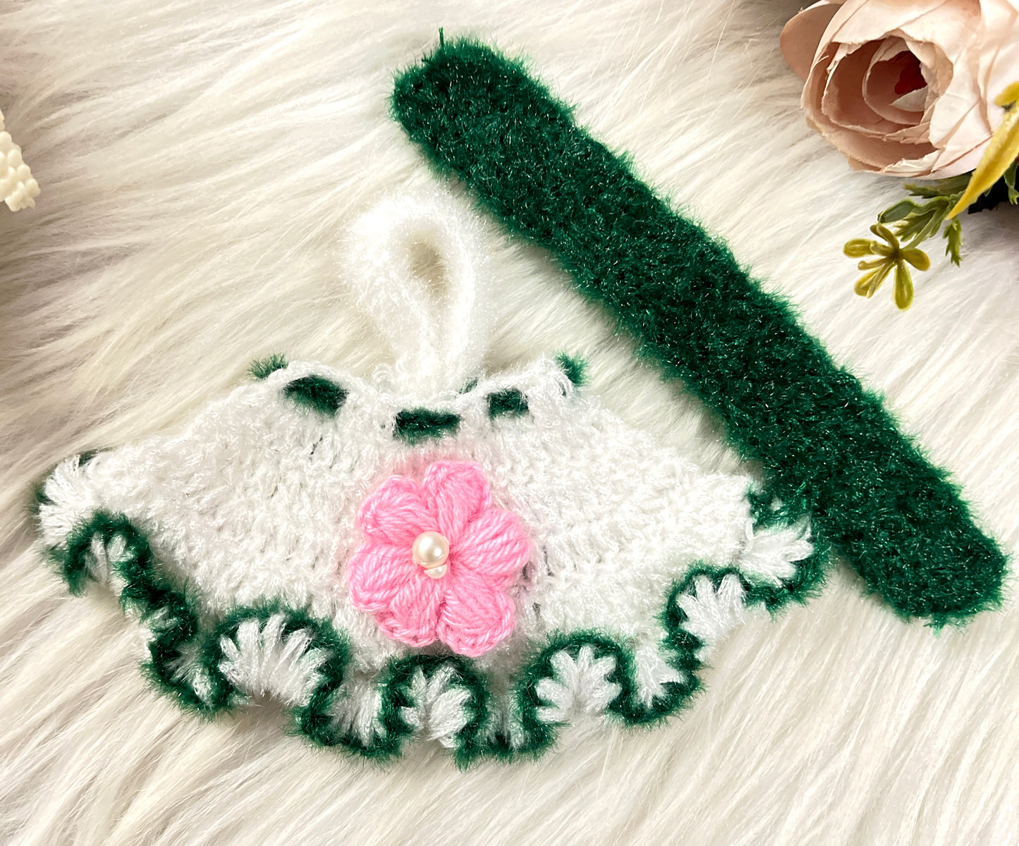 Green & Pink Flower Woollen Mata Rani Lehenga, Choli & Patka