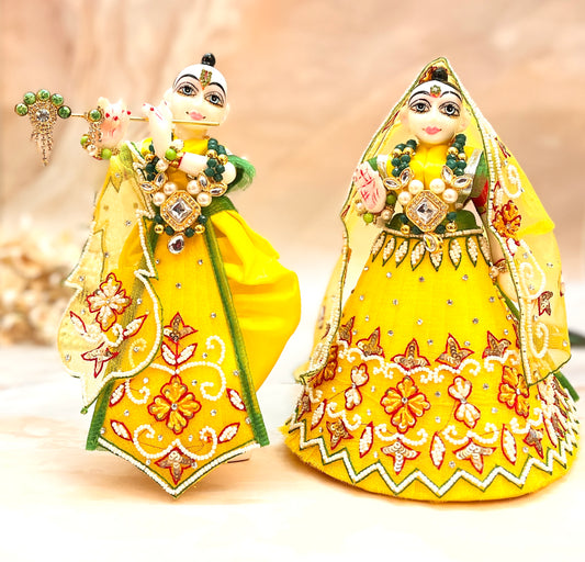 RK / Yugal Sarkar/ Laxmi ji & Ganesh ji Set Yellow Pearl Lehenga & Dhoti - 6 piece set