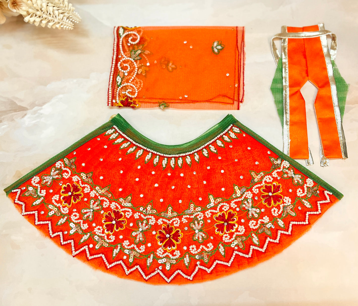 Luxe - Mata Rani Kesari Pearl Lehenga, choli & Duppatta- 3 piece set