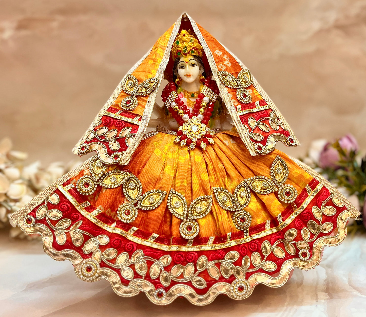 Mata Rani Lehenga & Patka ( 2 piece set) - Pastel Orange & Red Bandhej