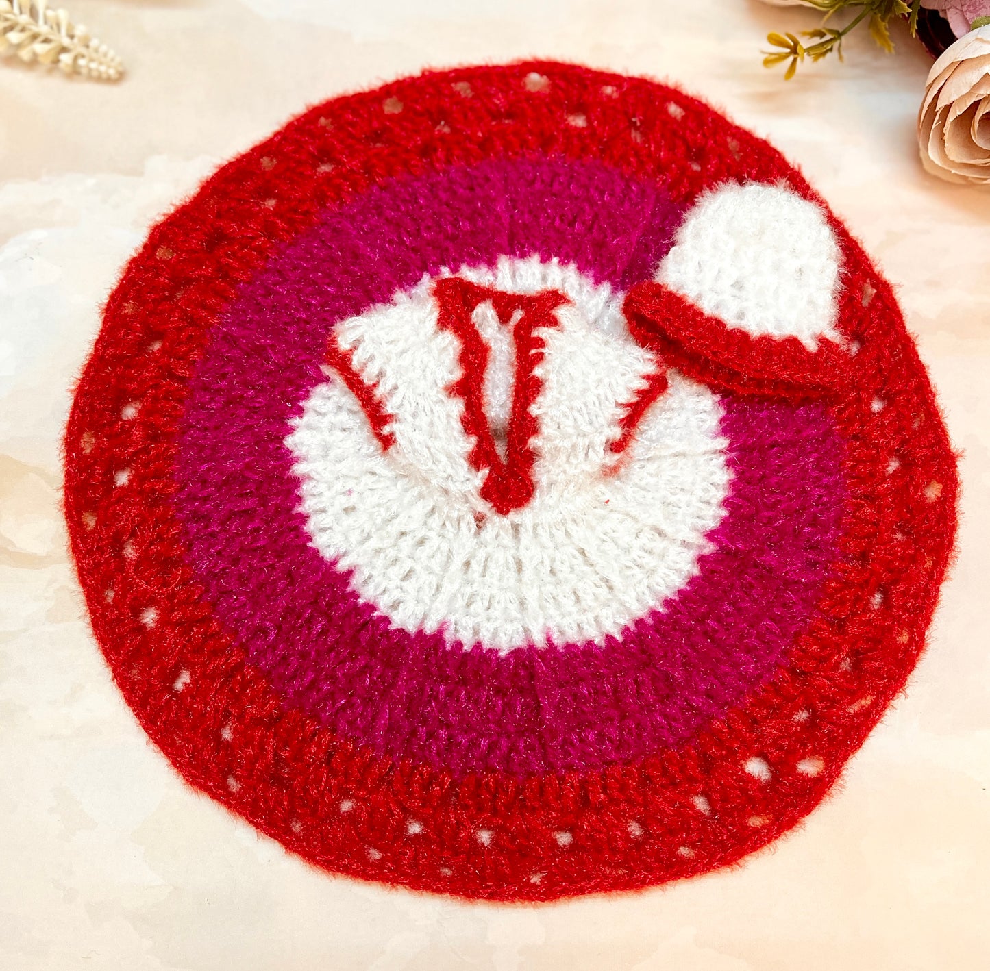 Red & Pink Lotus Woollen Laddu Gopal Dress with Woollen Cap