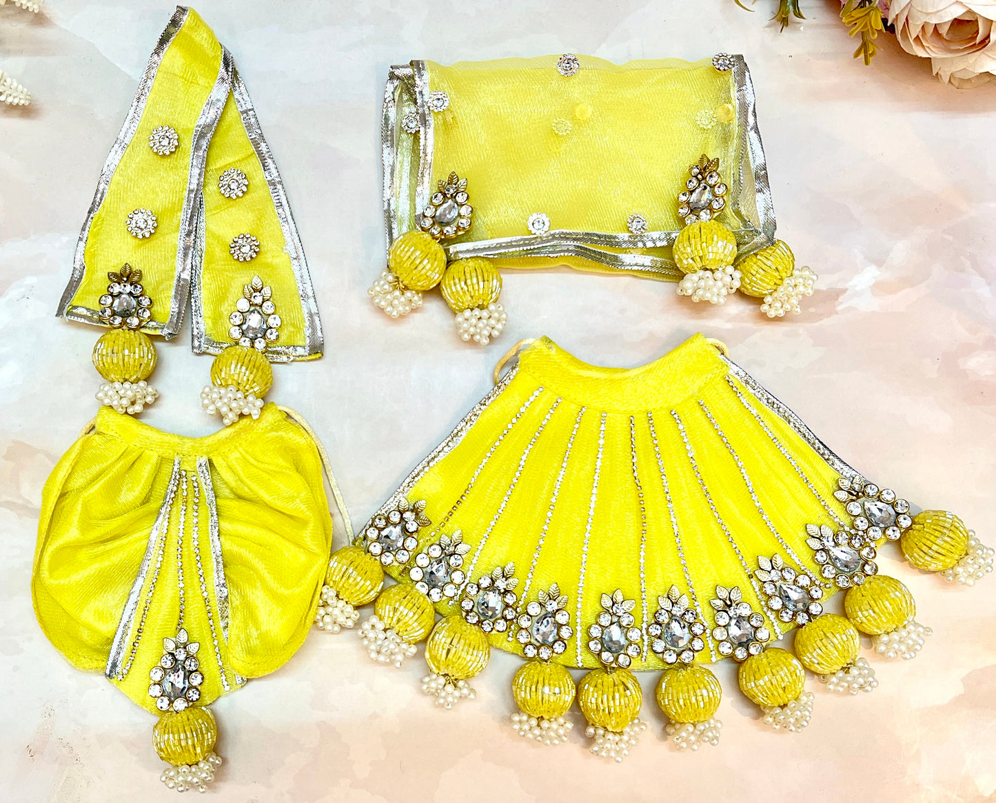 RK / Yugal Sarkar/ Laxmi ji & Ganesh ji Set Yellow Lehenga & Dhoti - 7 piece set