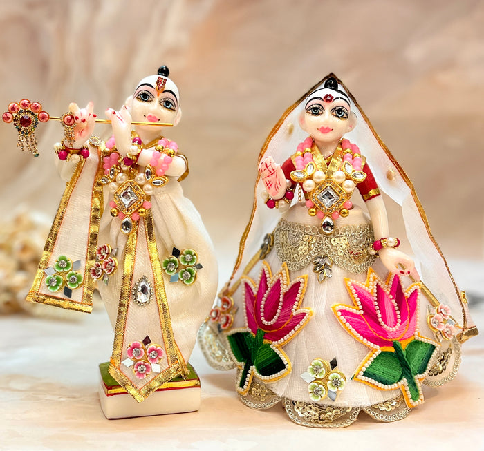 RK / Yugal Sarkar/ Laxmi ji & Ganesh ji Set White Pink Lotus Lehenga & Dhoti - 6 piece set