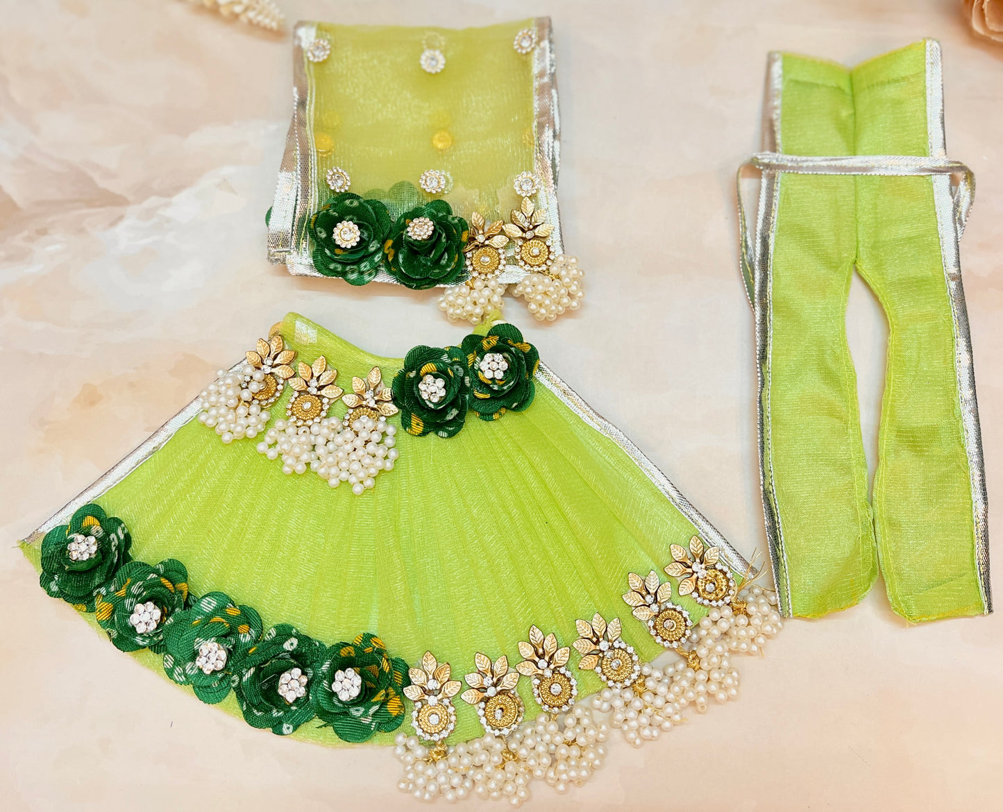 Mata Rani Green Pearl Lehenga, choli & Duppatta- 3 piece set