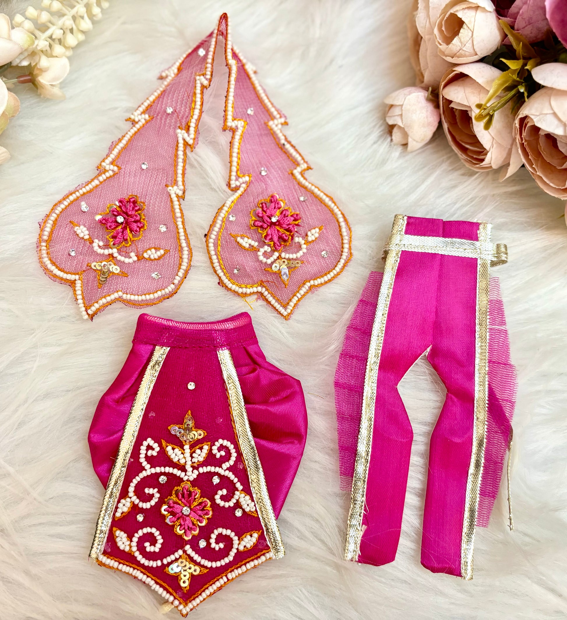 Luxe - RK / Yugal Sarkar/ Laxmi ji & Ganesh ji Set Magenta Pearl Lehenga & Dhoti - 6 piece set