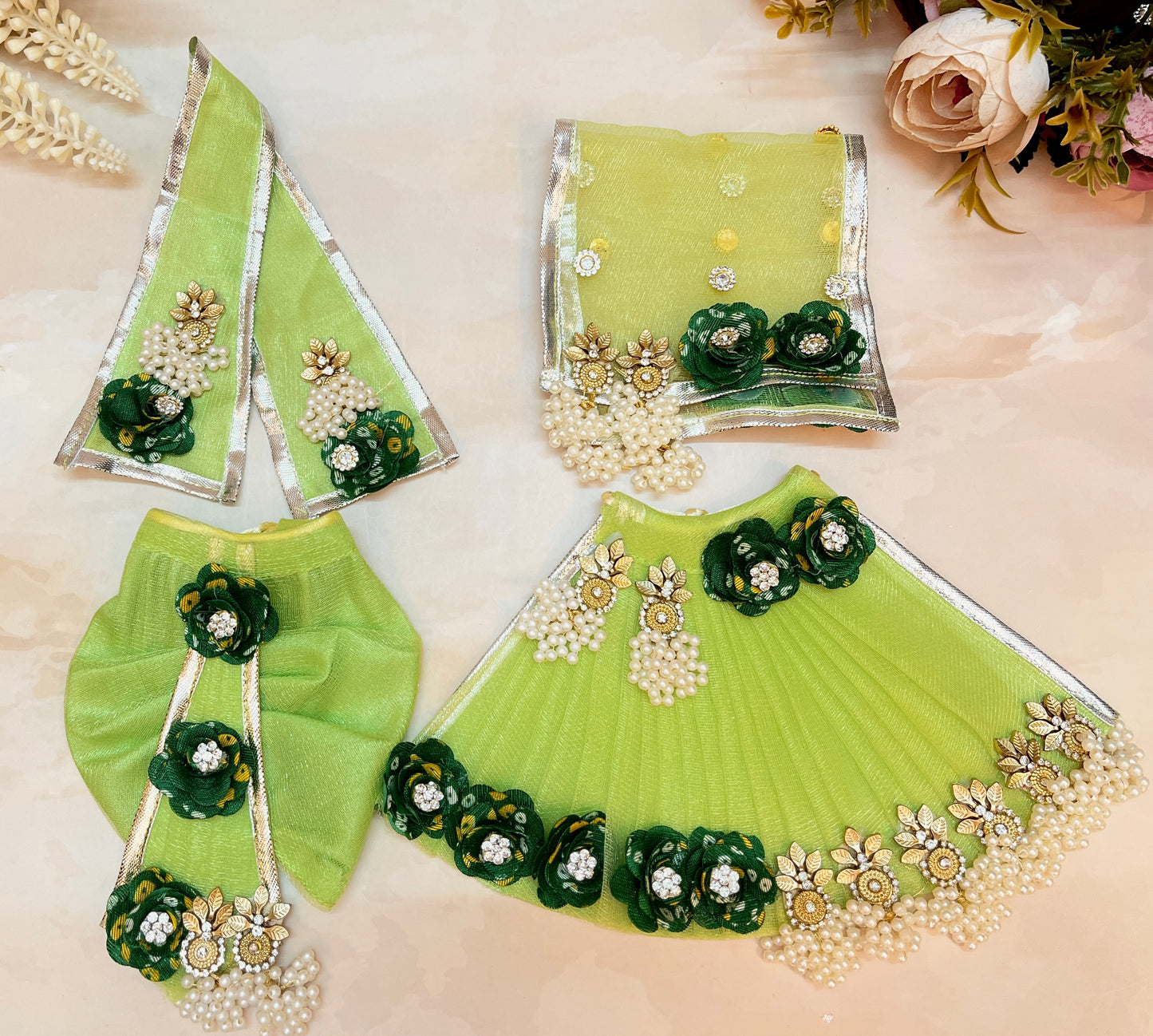 RK / Yugal Sarkar/ Laxmi ji & Ganesh ji Set Green Pearl Lehenga & Dhoti - 7 piece set